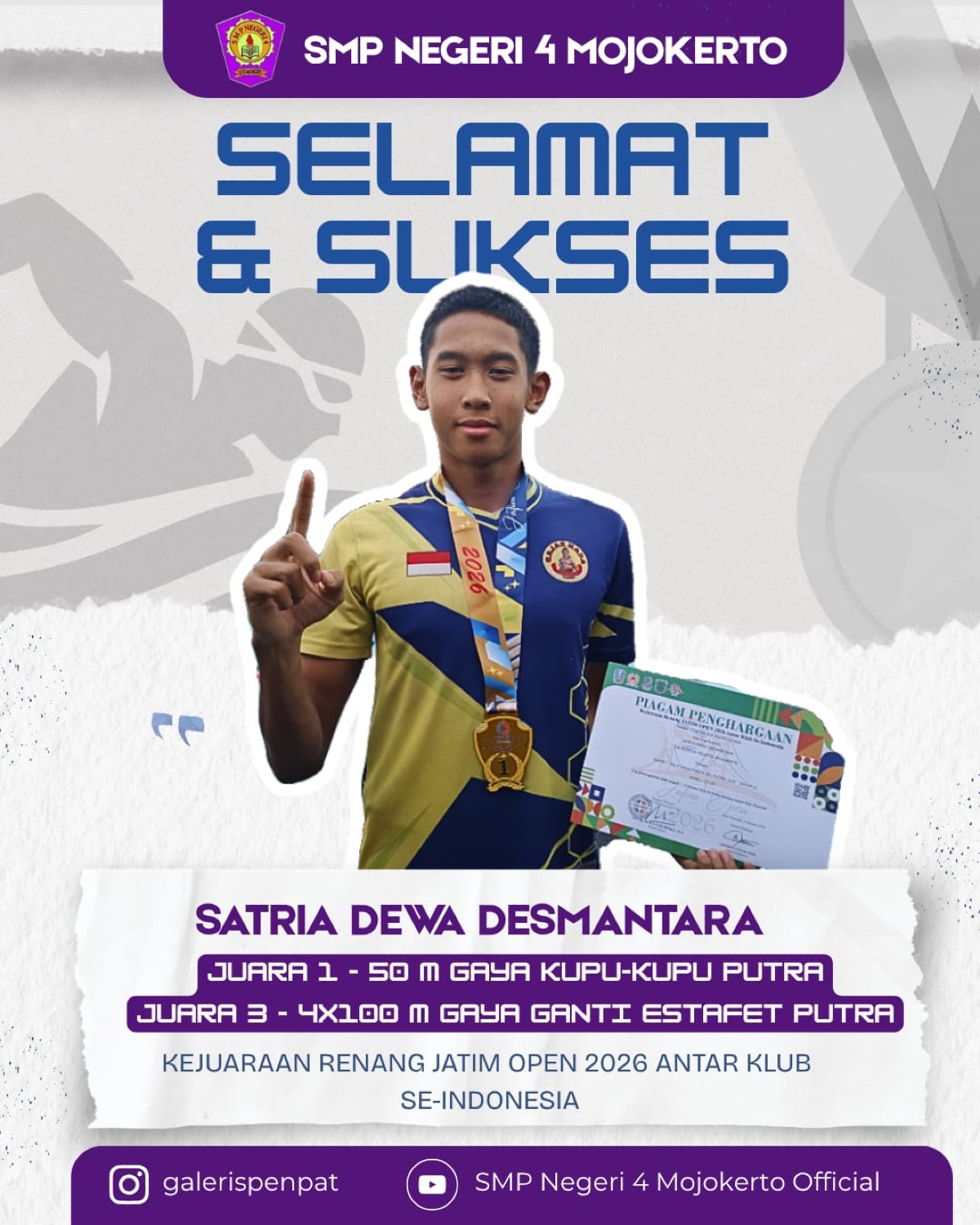 Selamat dan Sukses atas Prestasi Renang oleh Satria Dewa